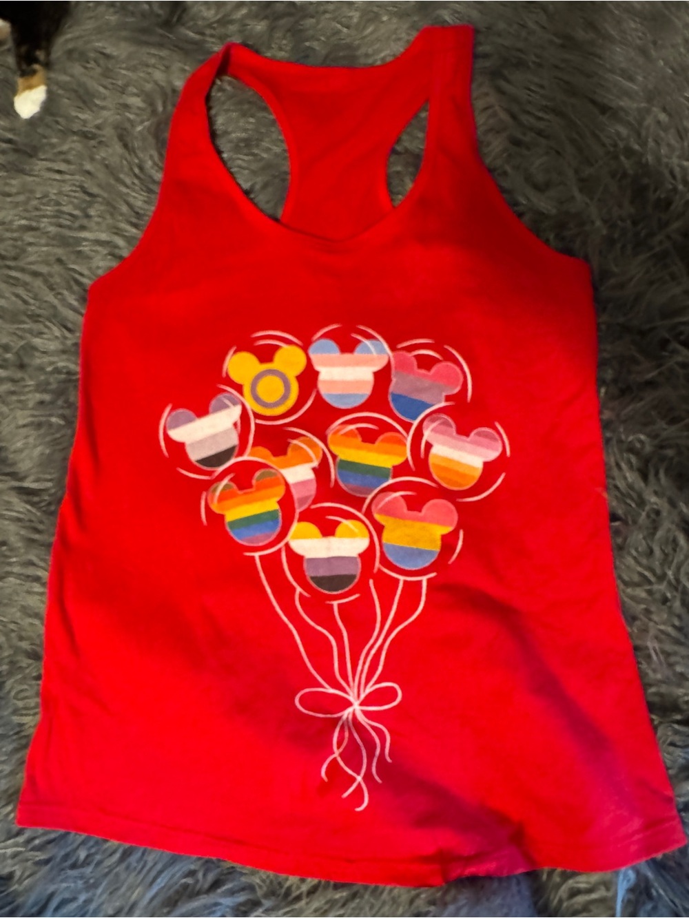 Red Tank Top with Rainbow Mickey Balloon Graphic